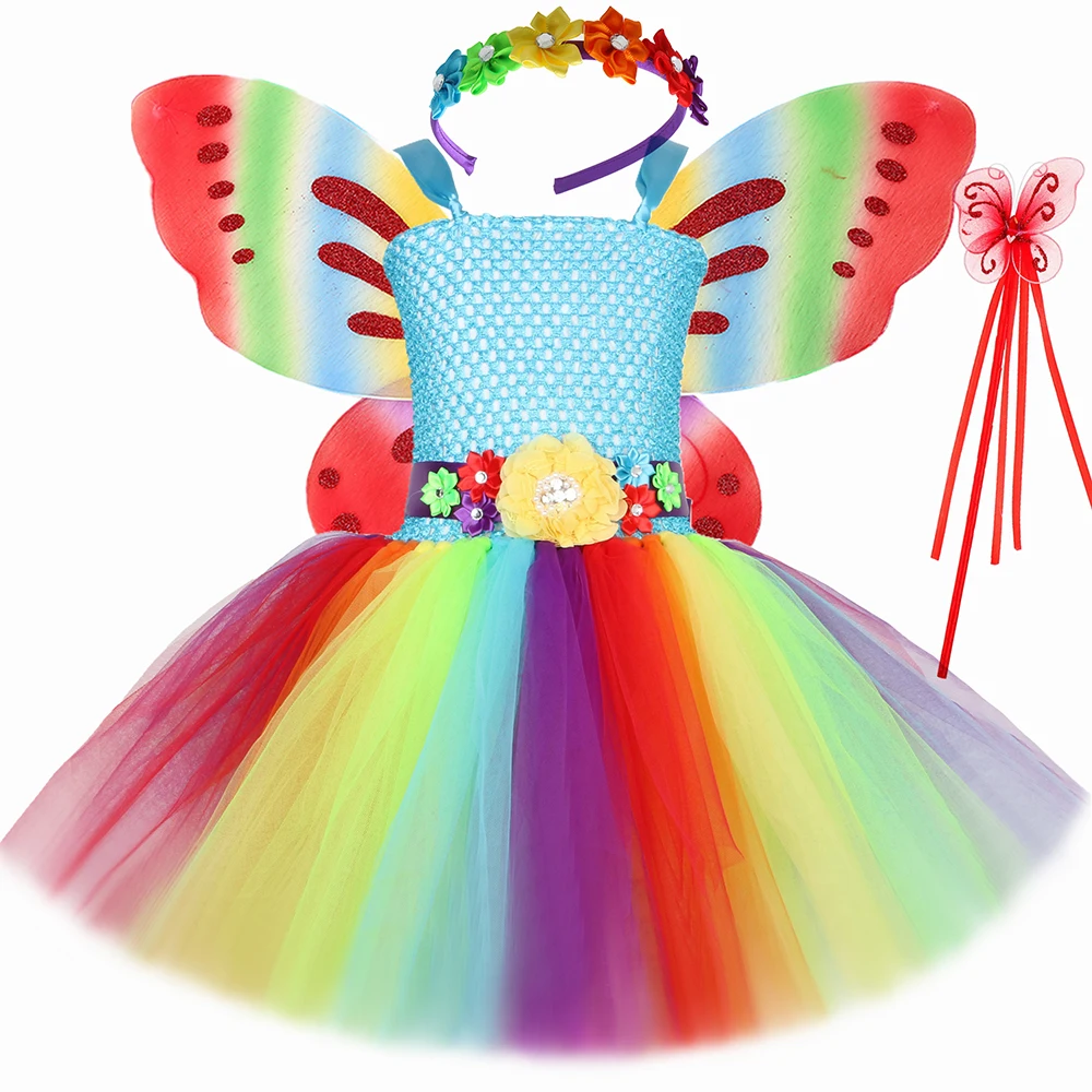 

Костюм радужной феи для девочек, платье принцессы на Хэллоуин, день рождения, детское платье-пачка с лесной лесной бабочкой и бабочкой