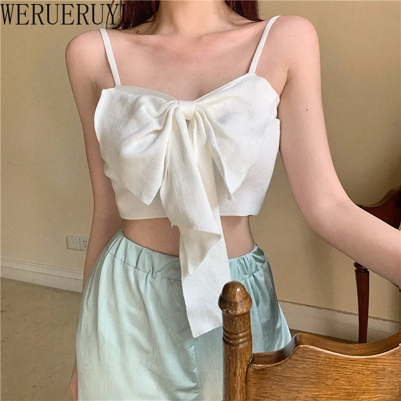 Summer Bow Crop Top Women Y2k Streetwear Clothes Korean Fashion Vest Blue White Pink Sleeveless Cute Tank Tops for Woman 2023