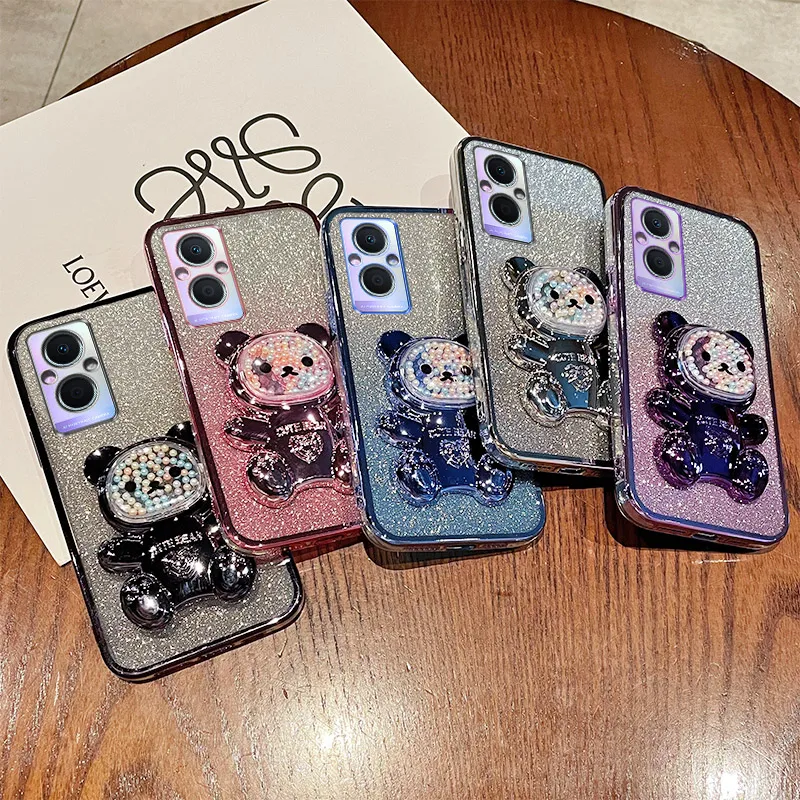 For OPPO Reno 7Z 5G Case Soft Silicone Bling Shockproof Electroplated TPU Cell Phone Casing For CPH2343 Back Cover Bear Stand