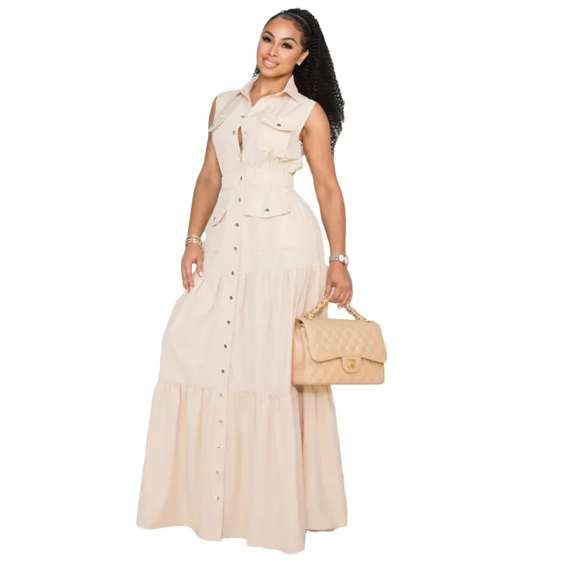 Summer Fashion Collar Single Breasted Women Elastic Waist Large Swing Dress Simple Solid Color Female Casual Long Dresses