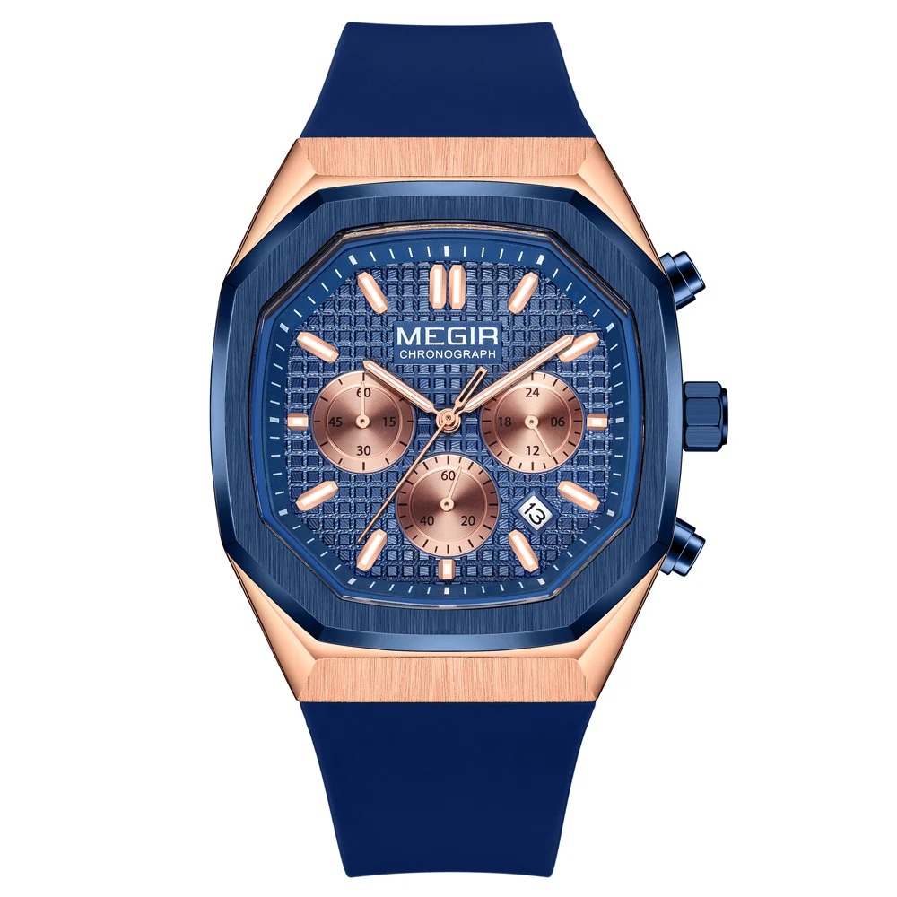 MEGIR Octagon Dial Silicone Strap Watch for Men Casual Yellow Chronograph Quartz Male Student Wristwatch with Date 24-hour 2215