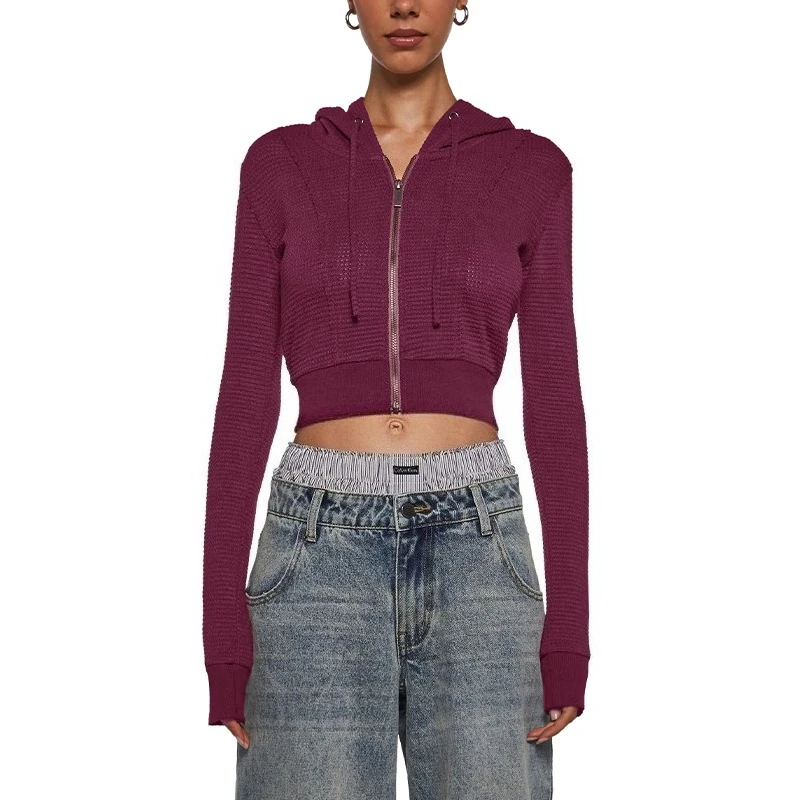 سترة نسائية جديدة للخريف والشتاء بلون واحد مع قلنسوة بسحاب ملابس خروج رائعة بأكمام طويلة مع قلنسوة سترة مقصوصة سوداديرا فيخد إزخاب