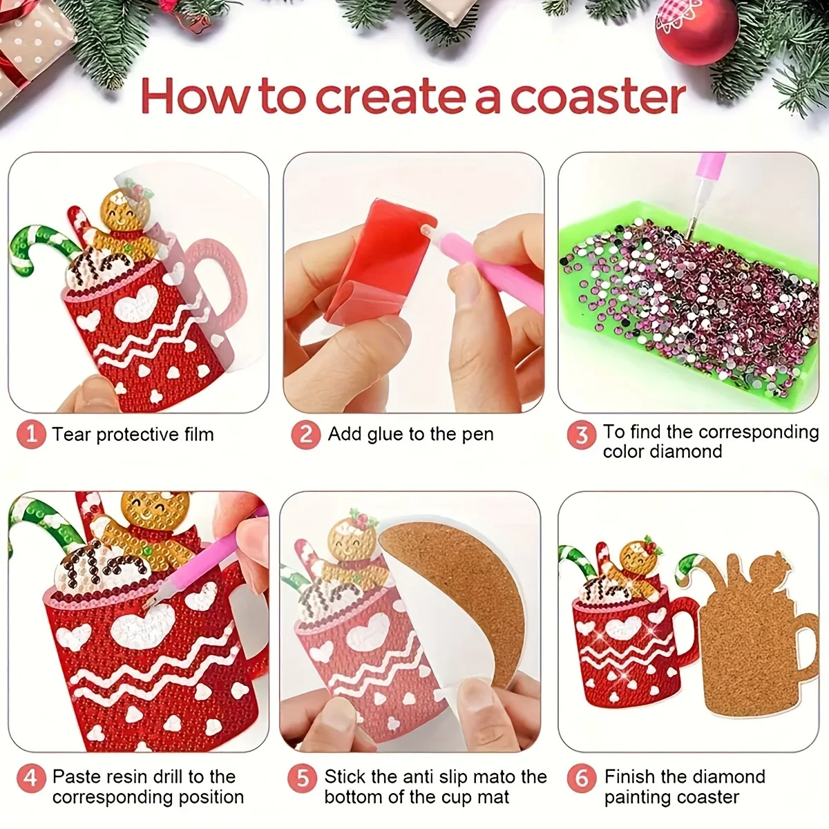 8-Piece Diamond Painting Set with Bracket, Creative Christmas Themed Coaster Set, Dazzling Diamond Art Wooden Mosaic Handmade Se