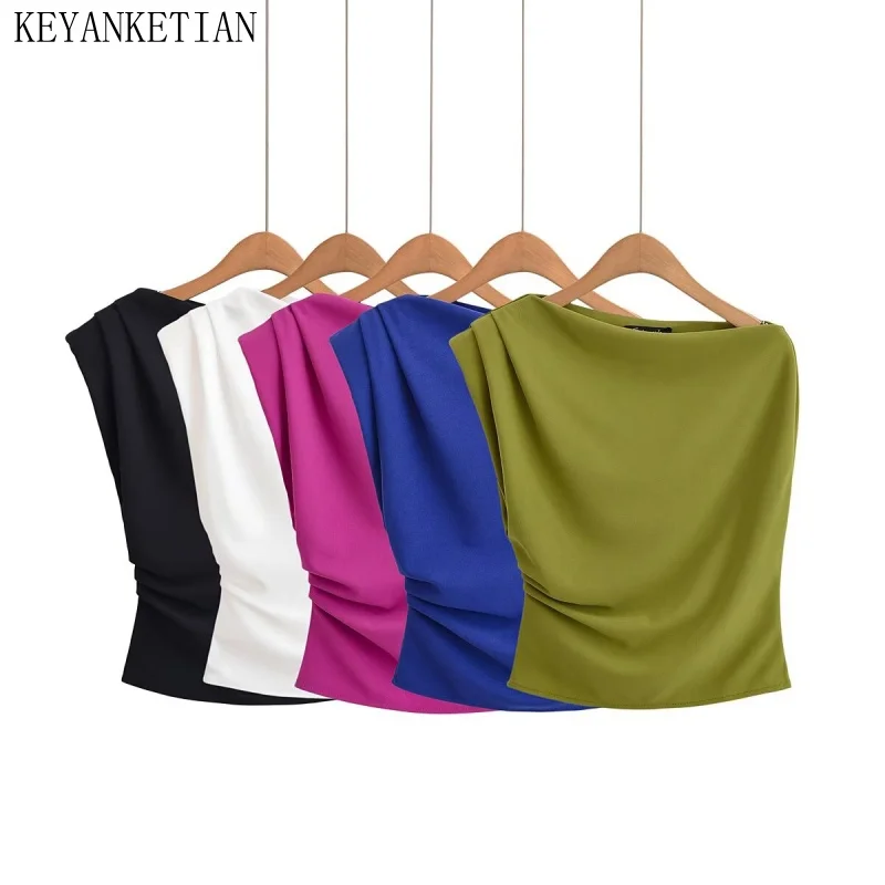 

KEYANKETIAN Summer New Women's Cross Shoulder Neck Irregular Wrinkle Design Short Top Women's T-shirt