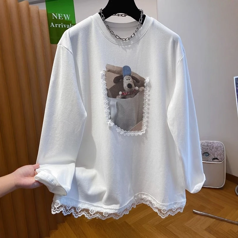 plus Size 300 Pounds Lace Splicing Long Sleeve T-Shirt Unisex Spring Autumn Korean Version round Neck Casual Style Top