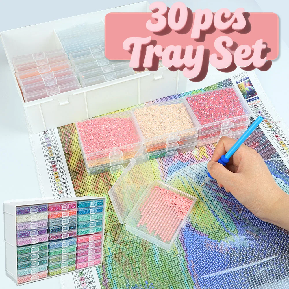 

30 Diamond Art Storage Containers Trays ＆ Stand, Diamond Painting Accessories Trays with Lids, Beads Gem Art Tools Storage Rack