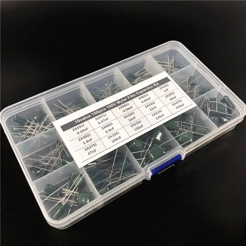 15Value 150pcs capacitor kit 100V 2A331J to 2A474J Polyester Film capacitor Assorted Kit with storage box