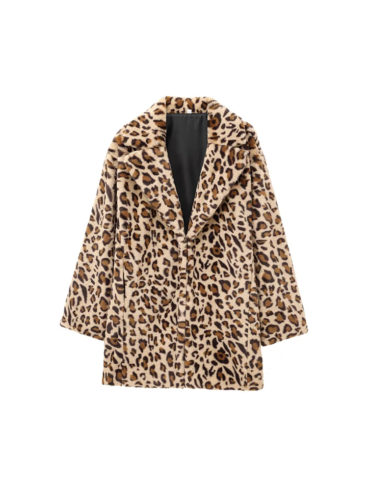

European-style new women's fashionable and versatile elegant lapel animal print fur-effect coat/jacket.