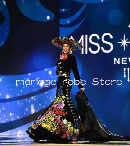 Black Miss Mexican Mermaid Prom Dress customsized Long Sleeve Jacket Floral Applique Embroidery Pageant Evening Gown tradition