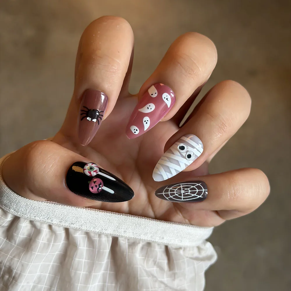 24Pcs Halloween Horror Press on Nail Mummy Bandage Spider Web Pumpkin Eye Fake Nail Short Almond False Nail for Women&Girl 3