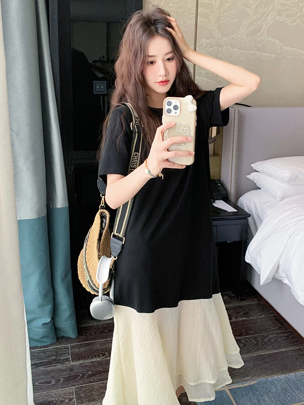 Bla épissage irrégulier Faion paresseux Sle femme Dr été nouveau t-shirt Dr ort Sve rond Ne jupe longue