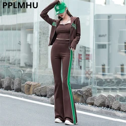 Casual Printed Patchwork Zip Up Outfits Korean Hooded Short Coats Side Stripe Flare Pants 2 Pieces Sets Streetwear Tracksuits