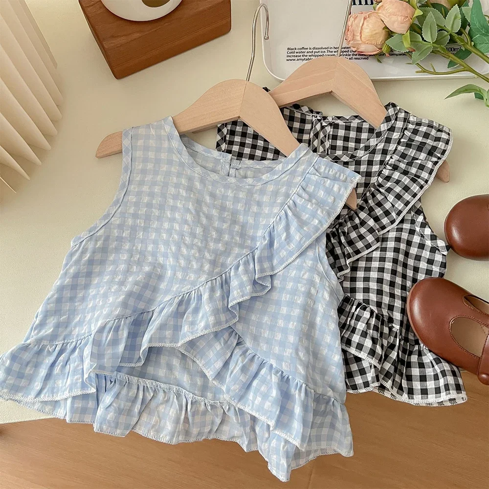 Two Piece Set Summer New Casual Girls' Clothes Blue Checkered Round Neck Plaid Ruffle Top + White Shorts Children's Casual Wear