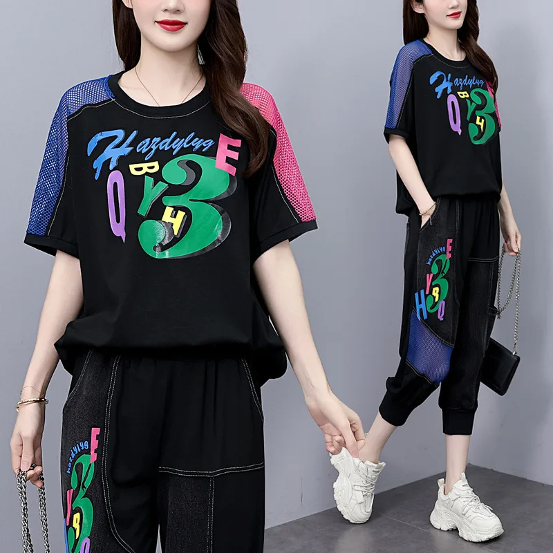 Fashion Casual Suit Female 2024 Summer New Print Short Sleeve Top Casual Haren Pants Fashion Trend Sports Suit