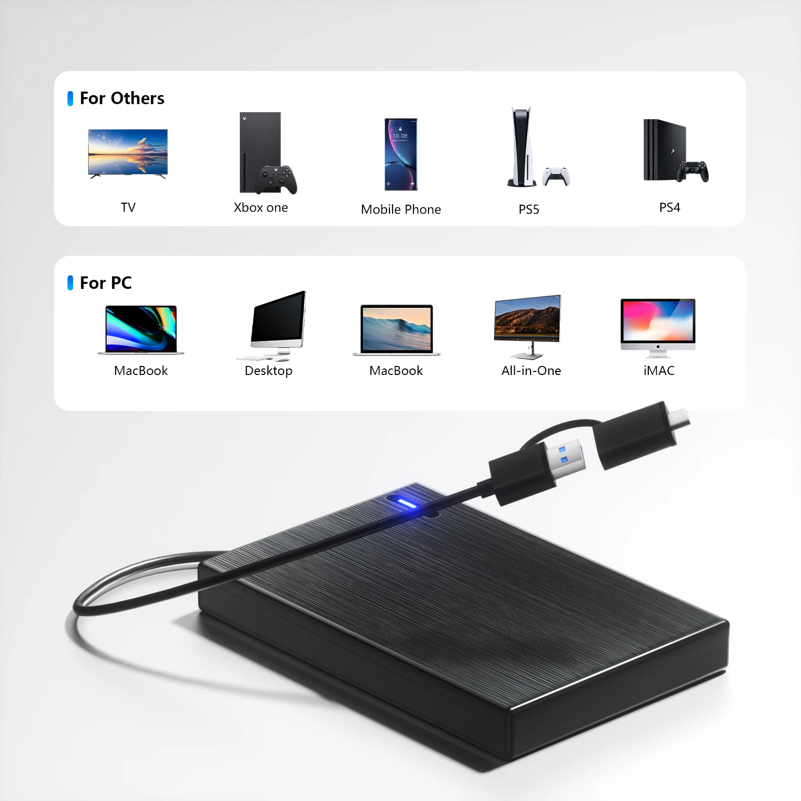 Portable External Hard Drive 1TB Storage Expansion HDD USB 3.0 USB-C for PC, Mac, Desktop, Laptop, PS4, PS5, PlayStation, Xbox