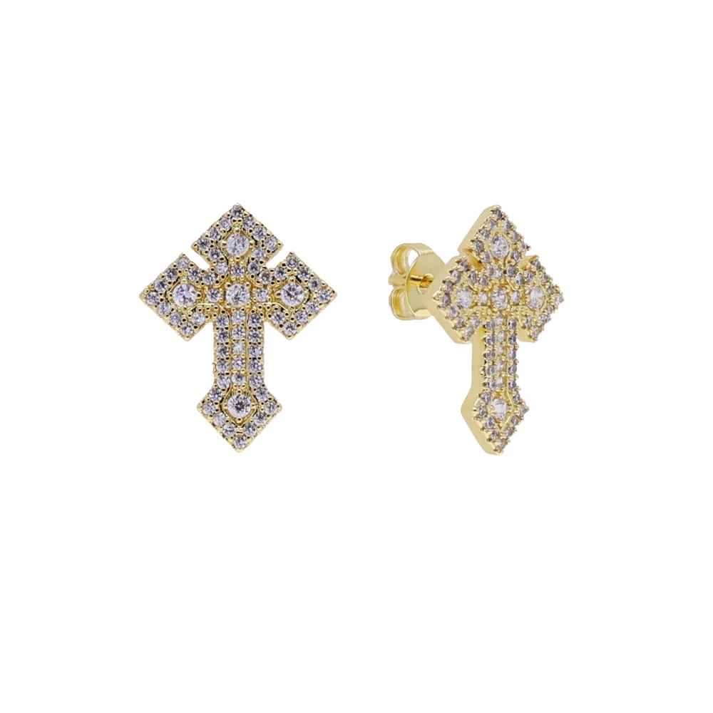 2025 New Bling Cross Stud Earring Iced Out Zircon Prong Setting Gold Color Fashion Luxulry Earrings Men Women Hip Hop Jewelry