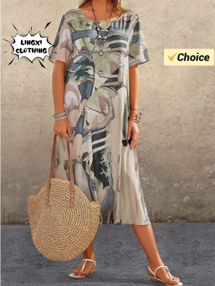 

Summer Fashion New Women's Elegant Dress with Printed Round Neck Short Sleeve Tunic Waist Loose Beach Vacation Style Long Dress