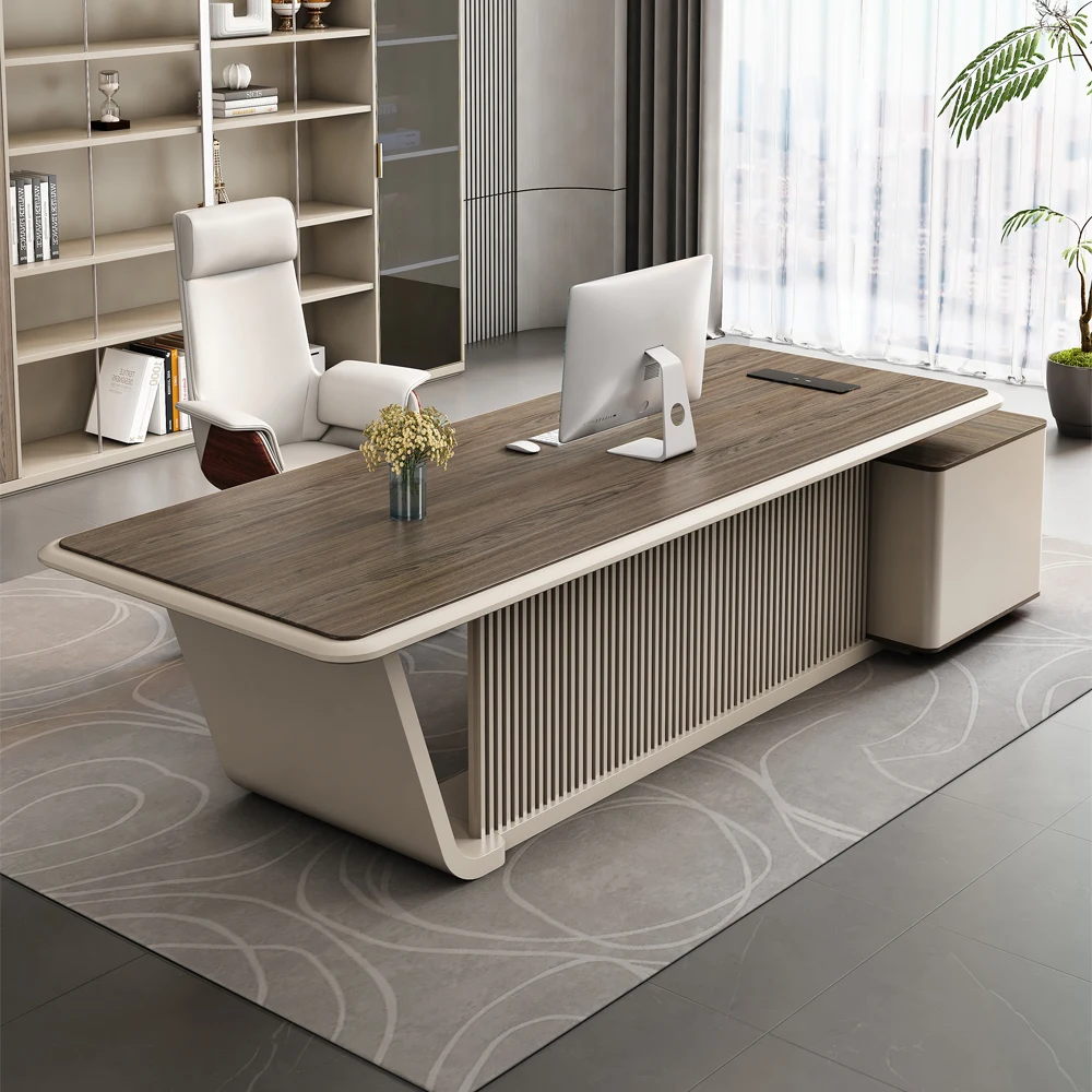 

Classic Modern Melamine Board L Shape Office Furniture Director Table Office Design Wide Director Chair Brown With Side Table