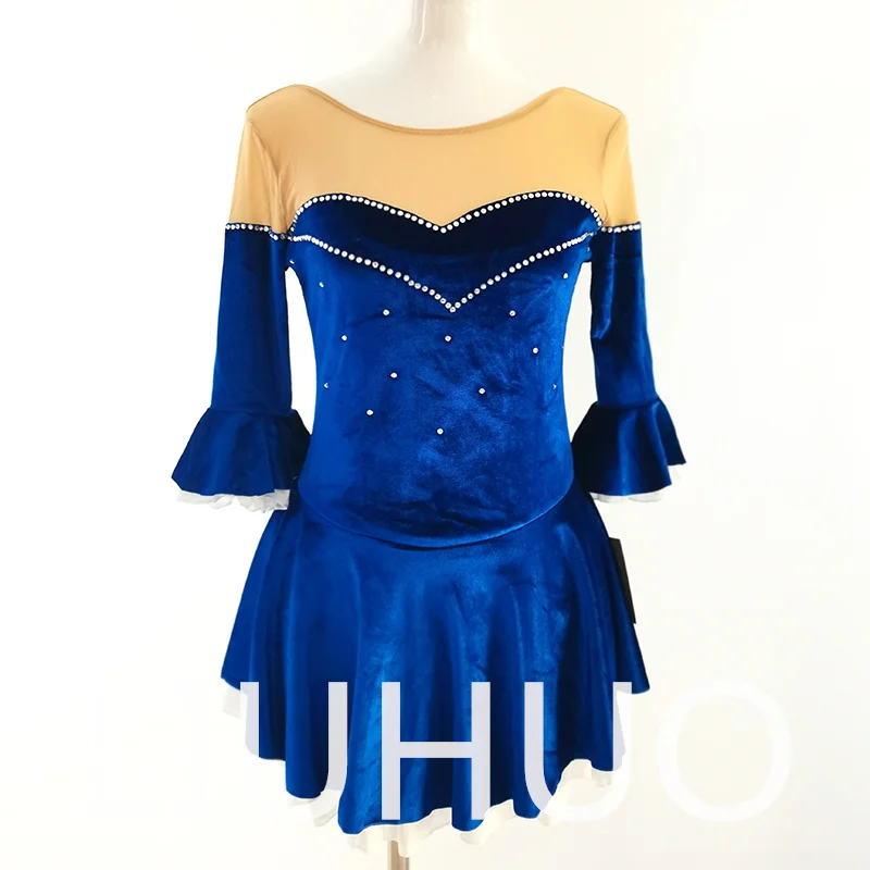 LIUHUO Sukienka do Łyżwiarstwa Figurowego Dziewczęca Damska Młodzieżowa Elastyczna Spandex Niebieski Aksamit Konkurs Hurt