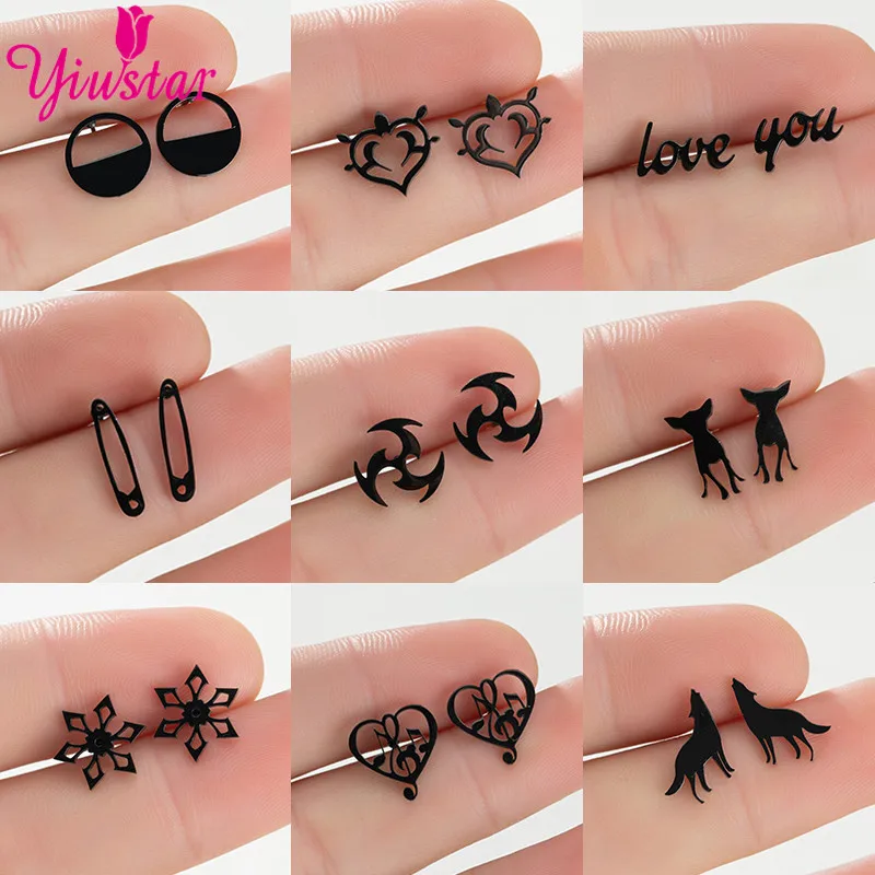 Tiny Stainless Steel Black Earrings Mixed Styles Pins Heart Wolf Dog Earings Fashion Jewelry for Women Men Genshin Impact Earing