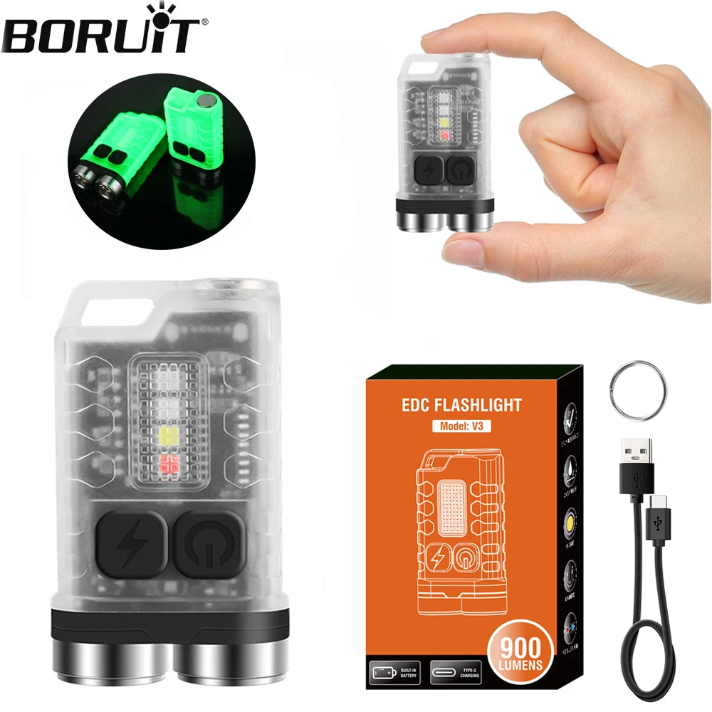 BORUiT V3 EDC Flashlight Keychain Light 900 Lumens Handheld Portable Work Light TYPE-C USB Charging Port Emergency Work Camping