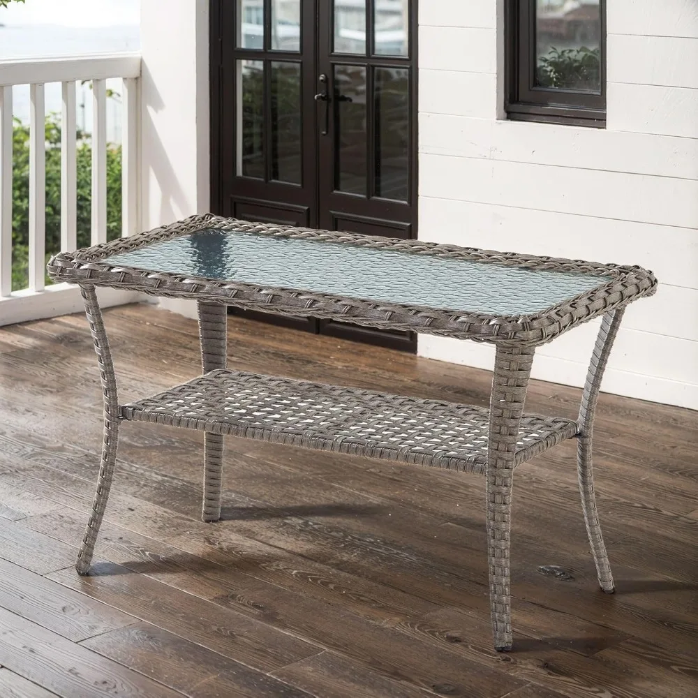 38 Inch Outdoor Coffee Table with 2 Tier Storage - Wicker Coffee Table with Water Ripple Texture Tempered Glass Top, All