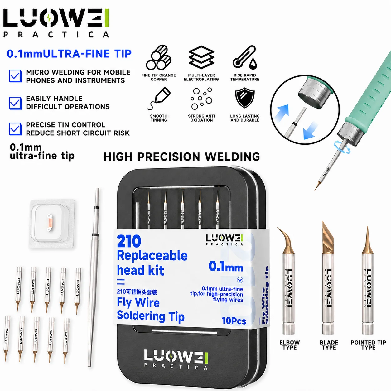 LUOWEI LW-C210 0.1mm Ultra Fine Soldering Tips 10PCS Replaceable Head Kit for C210 Station Fly Wire Repair Tool
