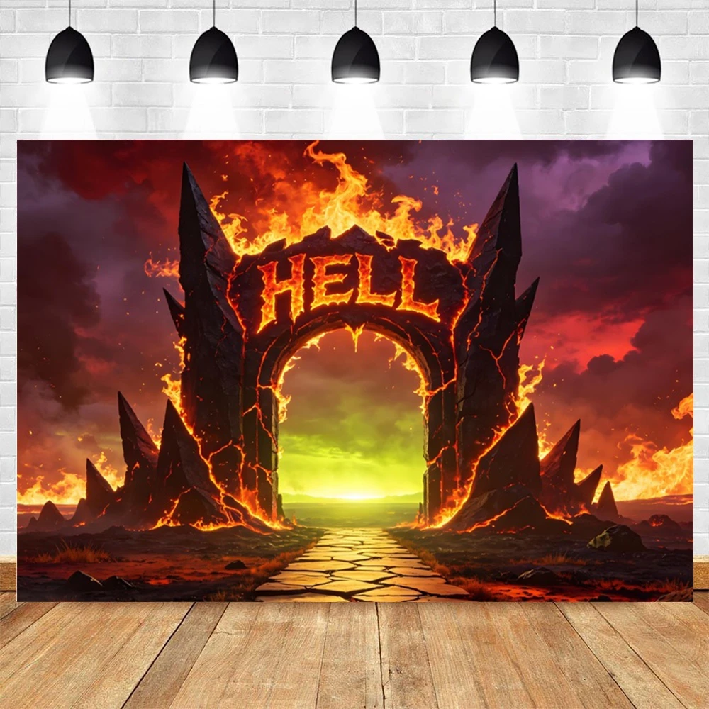 Halloween Hell Backdrop Fire Stone Door Halloween Room Wall Decor Baby Kids Family Portrait Photography Background Photostudio