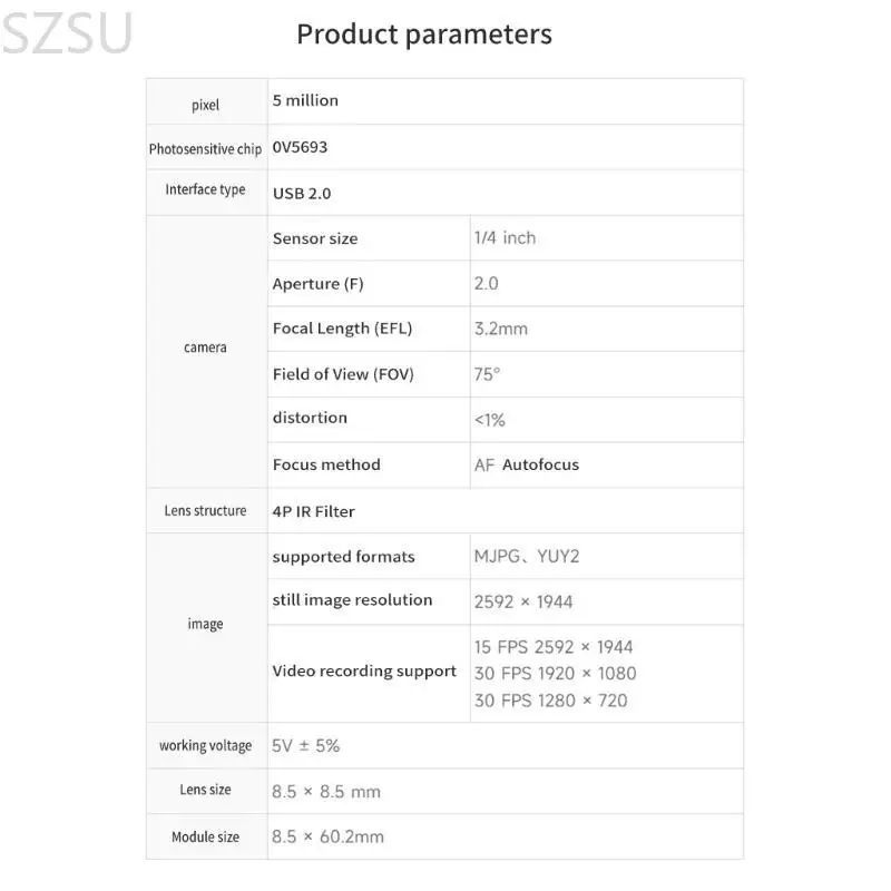 

Модуль камеры SZSU OV5693 со вспышкой и микрофоном Модуль веб-камеры высокой четкости 30 кадров в секунду 5 МП 2592 × 1944
