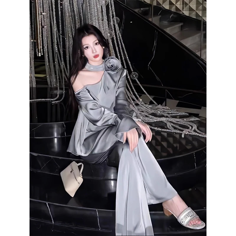 

2024 New Elegant 2 Piece Pant Sets Summer Casual Top Loose Trousers Wear Korean Fashion Suits Chic Outwear Evening Partywear