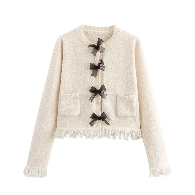 

Autumn Women Long Sleeve O Neck Bow Knit Cardigan Frayed Fringe Trim With Pockets Elegant Coat Short Sweater Outerwear