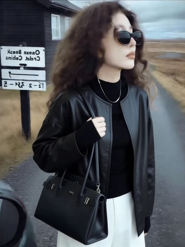 Giacca in Pelle Bla ort da Donna, Vestibilità Ampia, Taglie Forti, Primavera 2026, Cappotto Casual Snellente con Collo Tondo e Maniche Lunghe