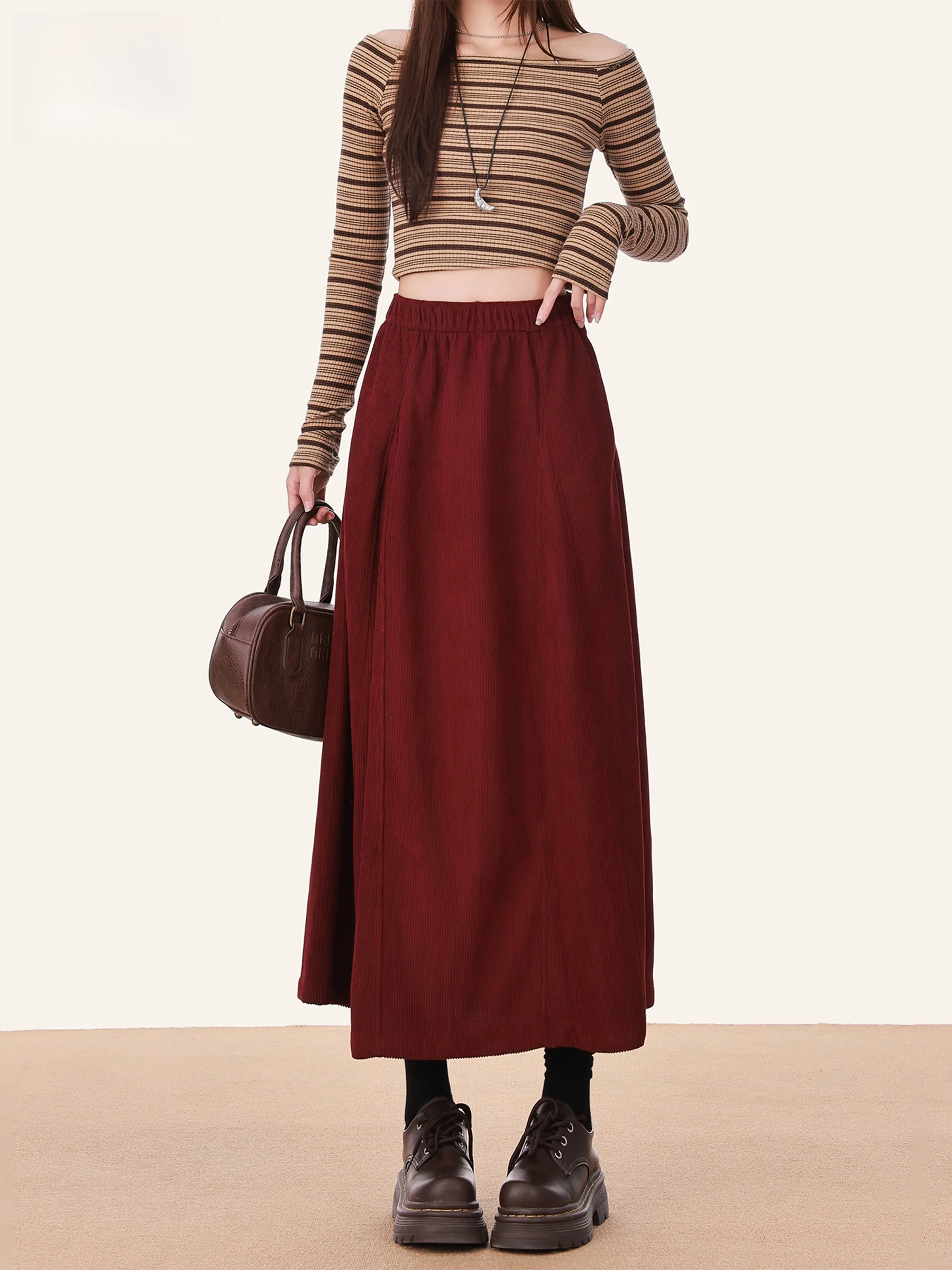 Fashionable Plaid Pumpkin Half Skirt Women's Loose Slimming Corded Velvet A-Line Skirt Casual High Waist Polyester Fiber