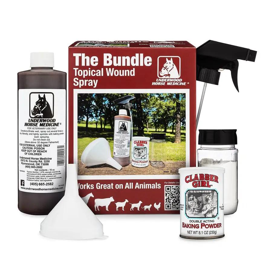 

Wound Spray Kit 16oz Refill Bottle w Baking Powder, Funnel, Spray Trigger amp Shaker Pet First Aid Kit Equine First Aid Kit for