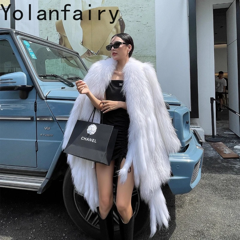 YOLANFAIRY Autumn and Winter Imported fox fur  Thickened street-style woven mid-length fringed fur coat шубаженская 2025