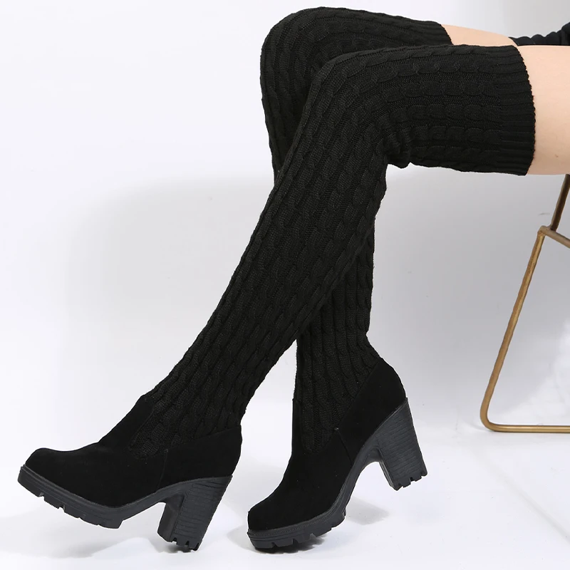 Knitting Over The Knee Women Sock Boots High Heels Sexy Shoes 2024 Fashion Winter New Shoes Walking Goth Gladiator Zapatos Mujer