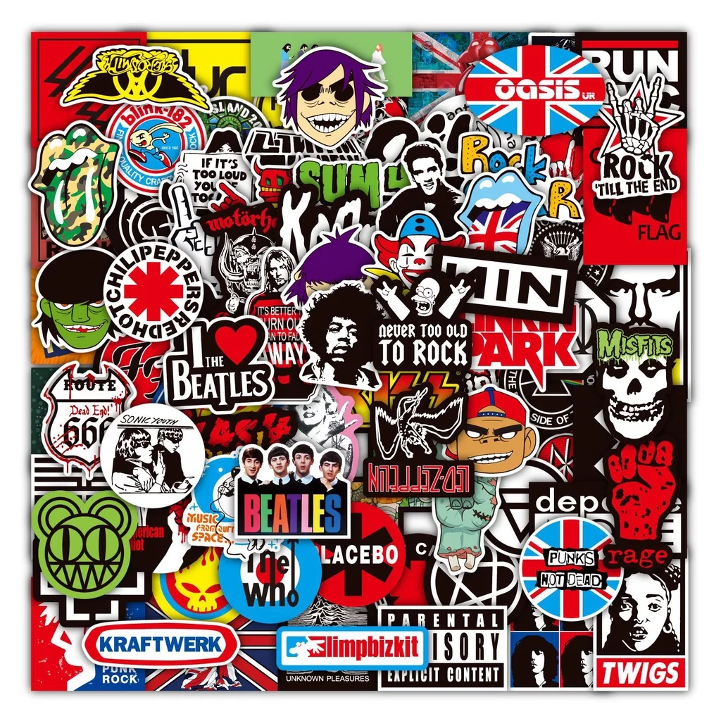 

100 Rock And Roll Music Band Stickers Punk Graffiti Stickers For Laptop Guitar Helmet Luggage Decal Golden Memory Stickers Store