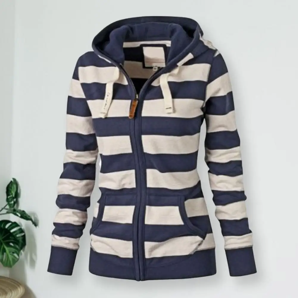 Skin-Touching  Stylish Fall Winter Casual Striped Sweatshirt Jacket Thick Women Coat Pockets   for School