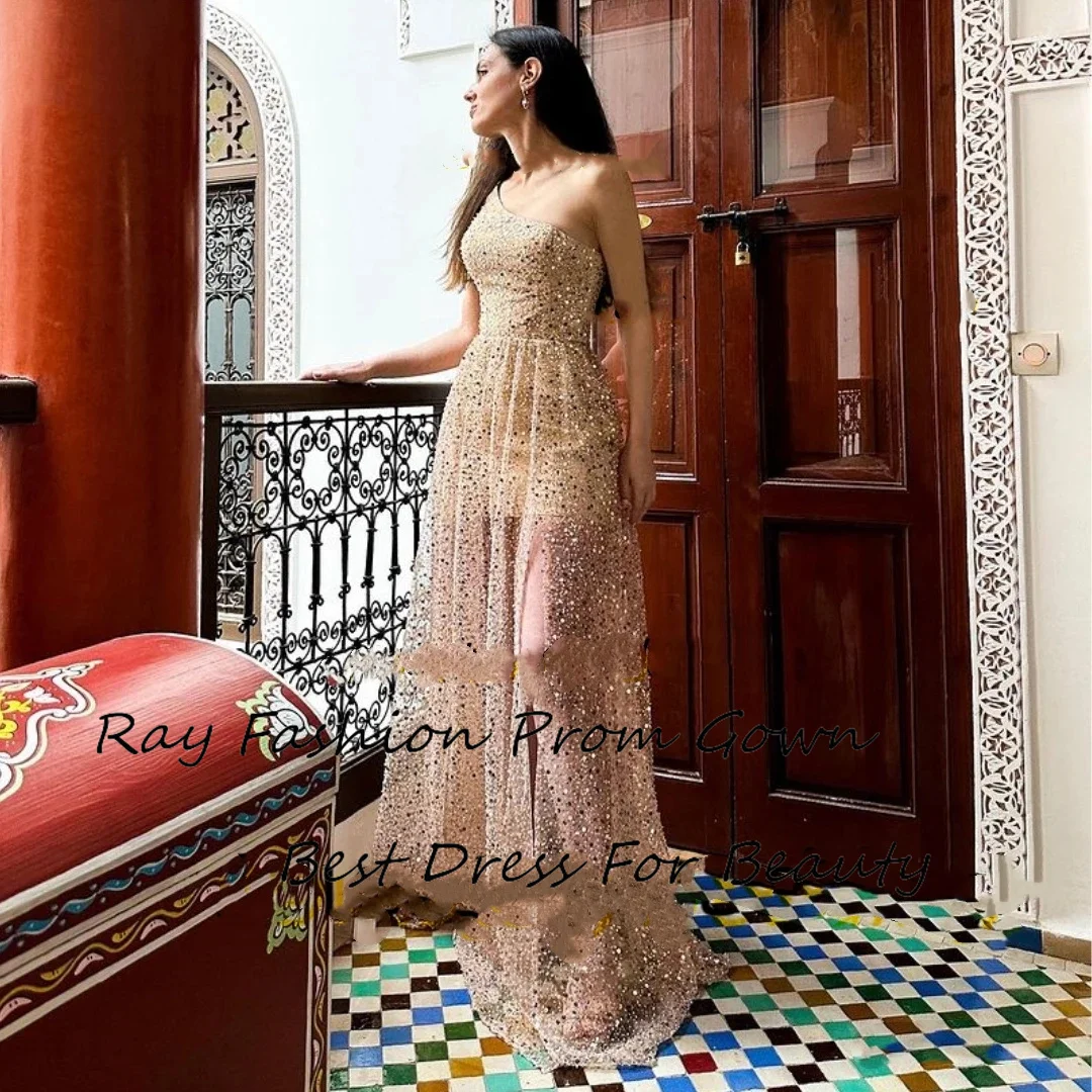 Modest A Line Prom Dress Sequins Sexy One Shoulder Sleeveless Illusion Floor Length For Women Formal Evening Party Gowns