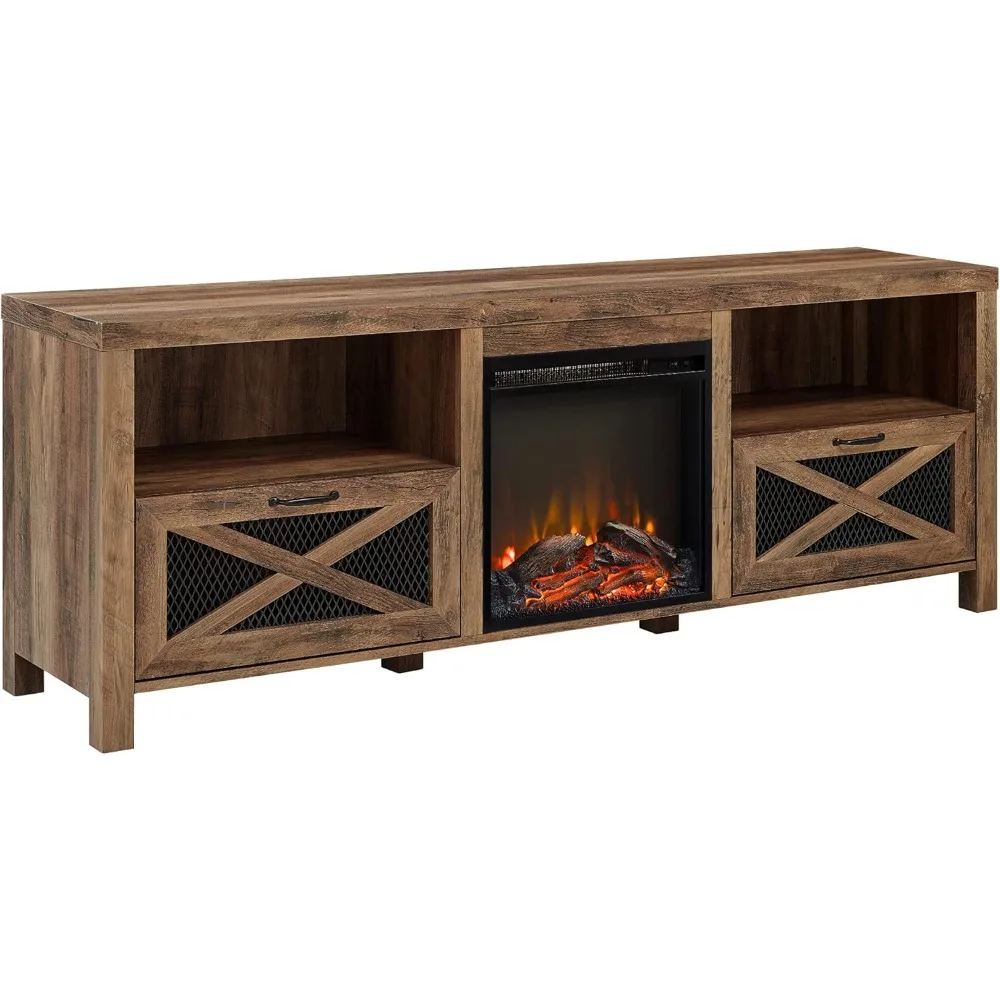 

Walker Edison Calgary Industrial Farmhouse X-Drawer Metal Mesh and Wood Fireplace TV Stand for TVs up to 80 Inches, 70 Inch, Rus