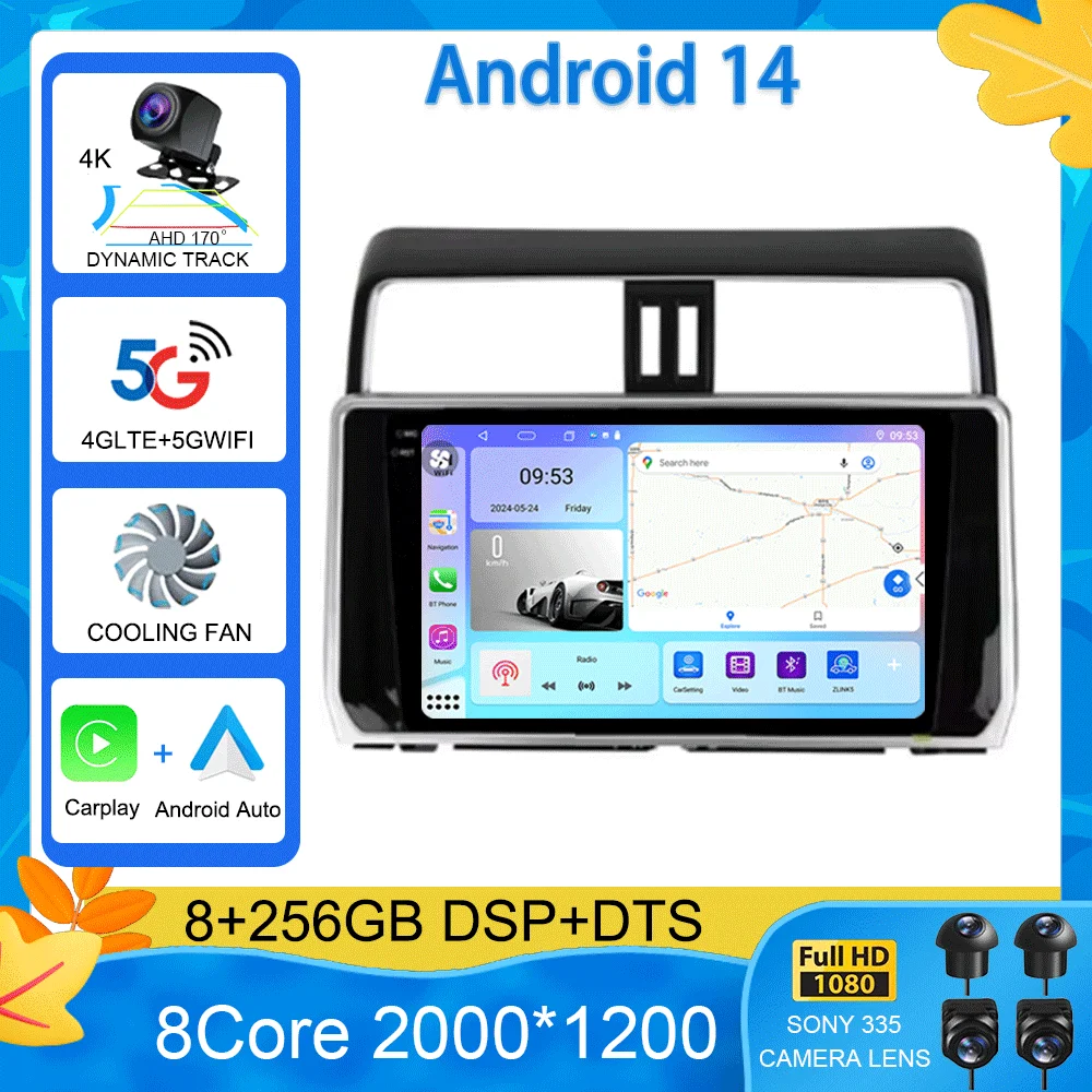 

Для Toyota Land Cruiser Prado 150 2018 2019-2022 Камера Carplay 360 Авто Android 15 Автомагнитола Мультимедийный плеер GPS Стерео Wi-Fi