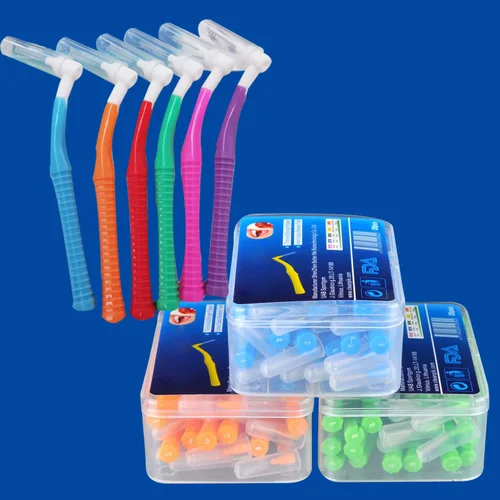 20 unids/caja cepillo Interdental Push-Pull en forma de L palillo de dientes de ortodoncia blanqueamiento Dental cepillo de dientes cuidado de higiene bucal