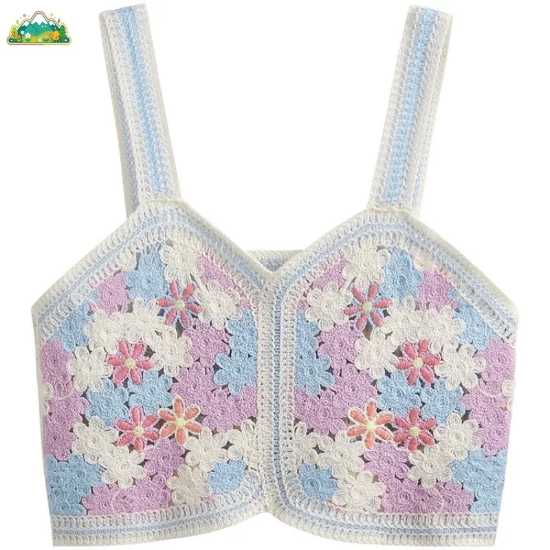 

Summer Colorful Crochet and Hollow-out Women's Knitted Camisole with Beautiful Back Sexy Vest Short Fashionable Y2K Girl's Top