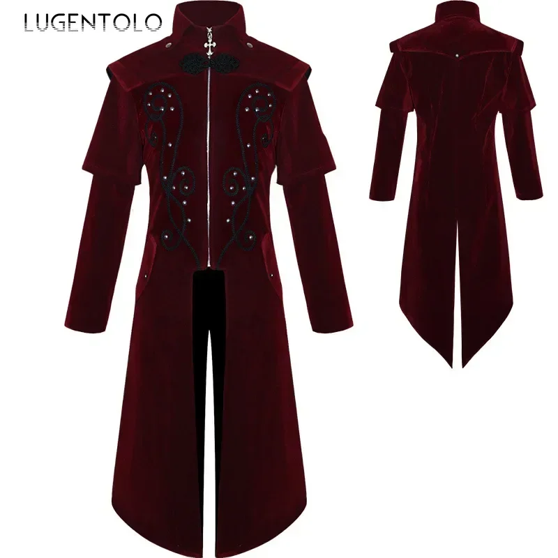 Men Medieval Trench Gothic Coats Retro Stand Collar Cross Zipper Renaissance Costume Uniform Halloween Long Jacket