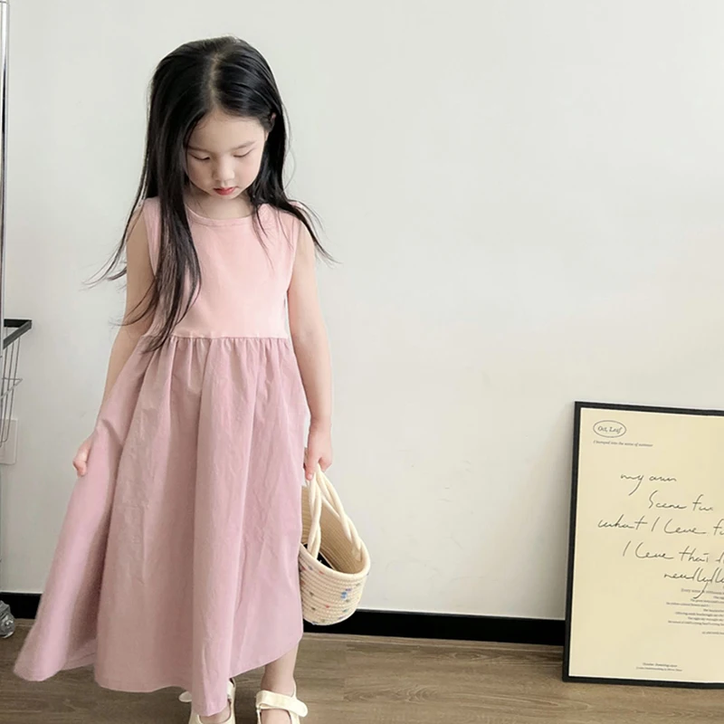 Summer Girls Dress Solid Cotton Soft Skin-Friendly Sleeveless Casual Dress Classic Designed Breathable Outdoor Tutu Dress 3-8Y