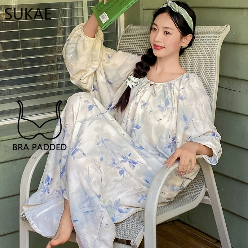 SUKAE Cotton Nightgowns for Women Autumn New Lady Long Gowns Fashion Elegant Nightwear Stylish Sleepshirt Casual Chic Girl Dress