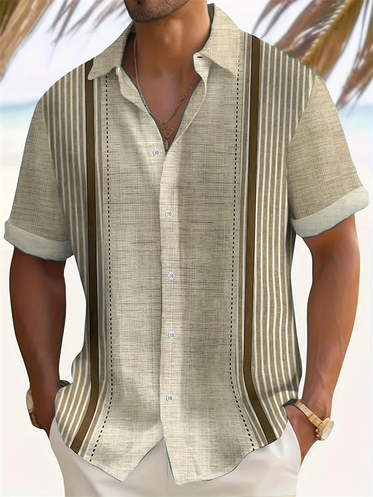 

Men's Retro Striped Printed Short-sleeved Shirt Loose and Casual Summer Single-breasted Shirt Breathable Bohemian Style T-shirt