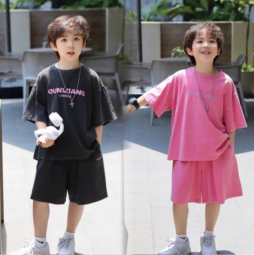 

Kids Boys Summer Casual Set Loose Letter Print T-Shirt + Shorts 2PCS Vintage Washed Streetwear Outfit for Toddlers to Big Boys