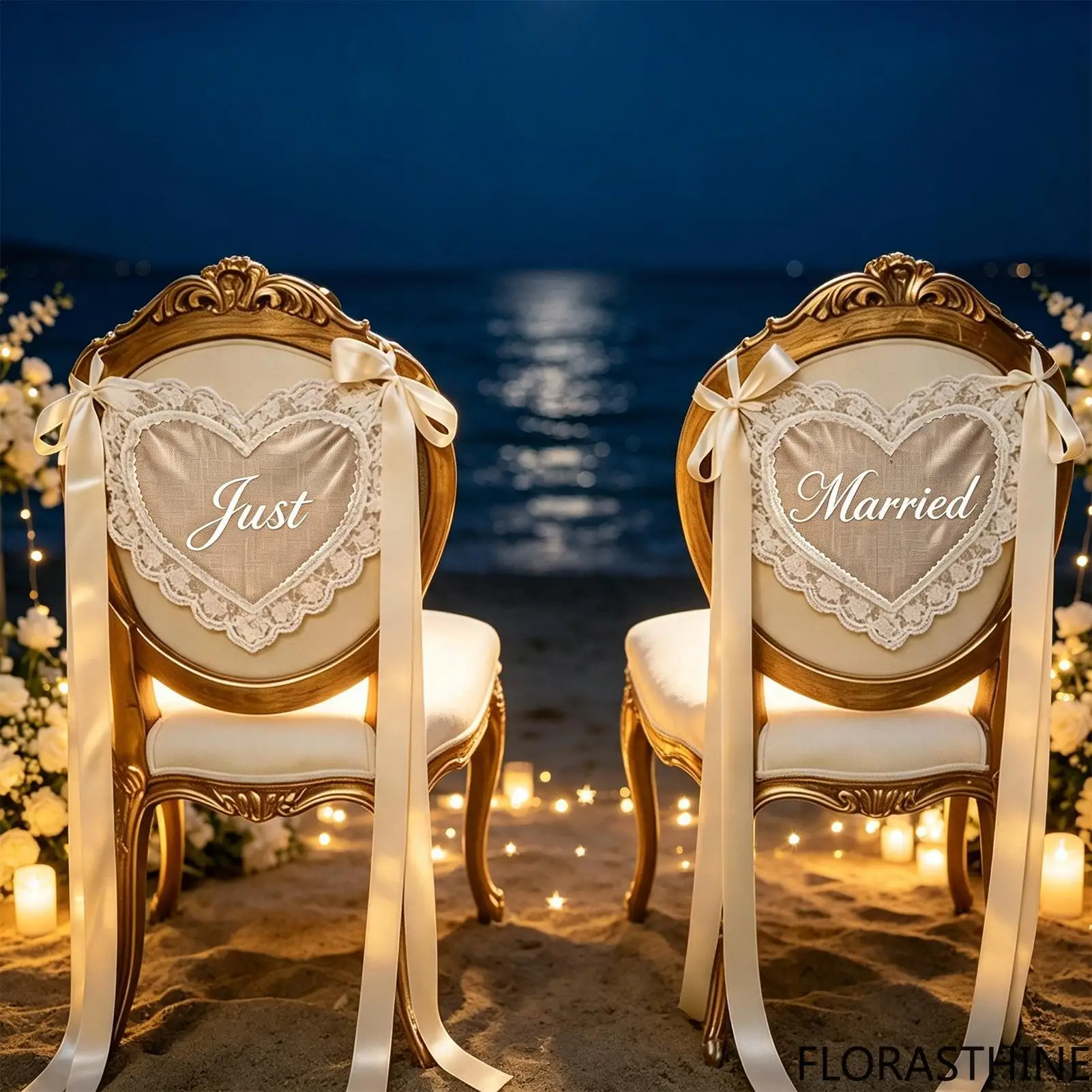 2 Piece Just Married Chair Sign Lace Heart with 3 Ribbon Meters Elegant Wedding Chair Decor for Reception Ceremony Bridal Shower