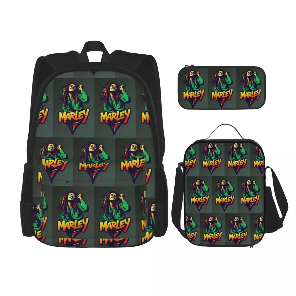 Bob Marley Reggae Backpacks Boys Girls Bookbag School Bags Rucksack Lunch Bag Pen Bag Three-Piece Set